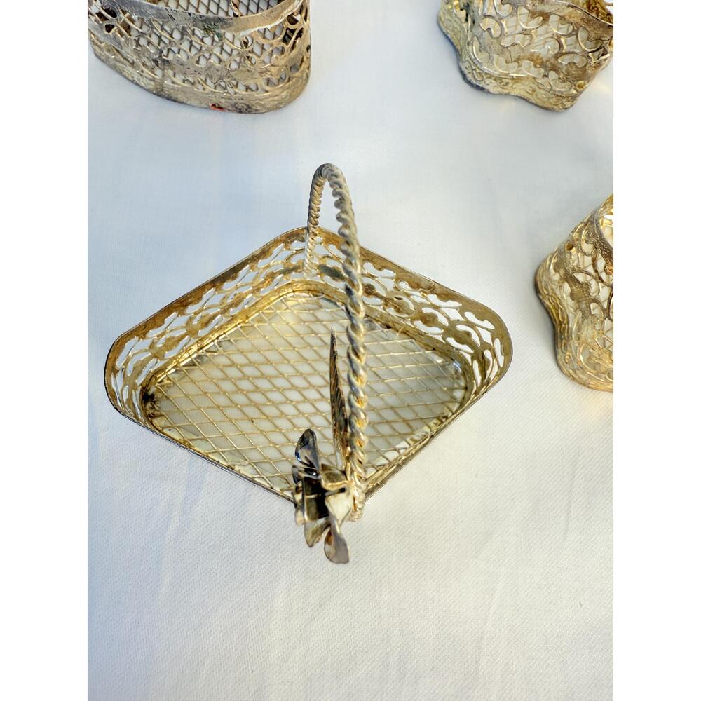 Set of 4  Silver Plated Metal Rose Handle Decorative Trinket Baskets - Picture 5 of 14